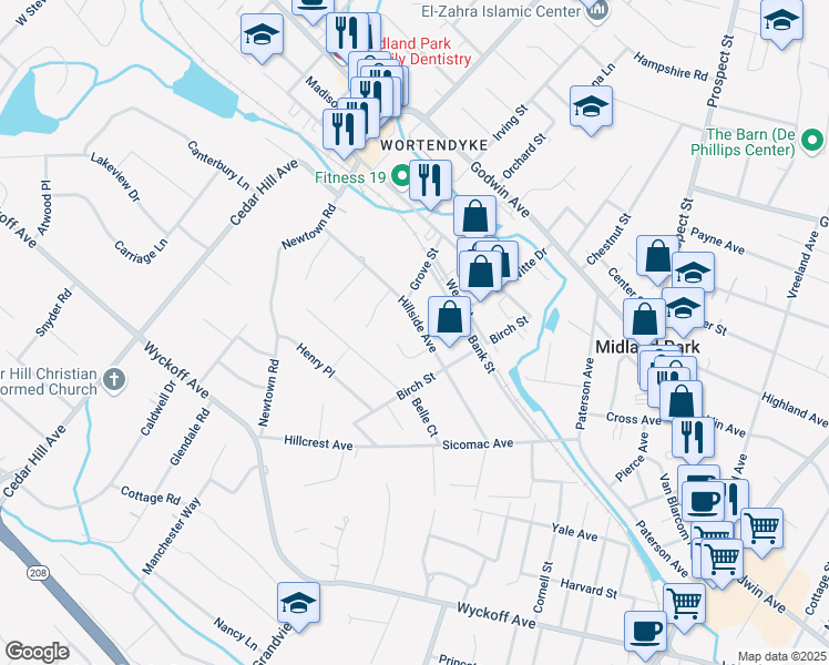 map of restaurants, bars, coffee shops, grocery stores, and more near 106 Hillside Ave in Midland Park