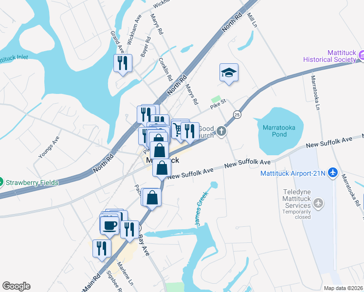 map of restaurants, bars, coffee shops, grocery stores, and more near 13355 Main Road in Mattituck