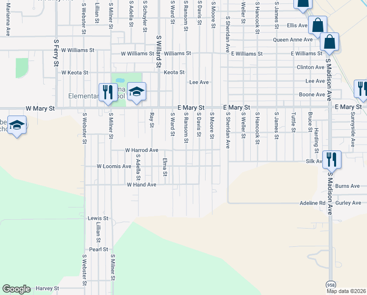 map of restaurants, bars, coffee shops, grocery stores, and more near 100-106 East Harrod Avenue in Ottumwa