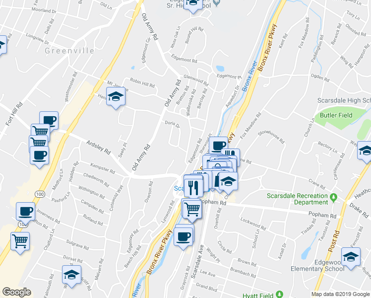 map of restaurants, bars, coffee shops, grocery stores, and more near 23 Walbrooke Road in Scarsdale