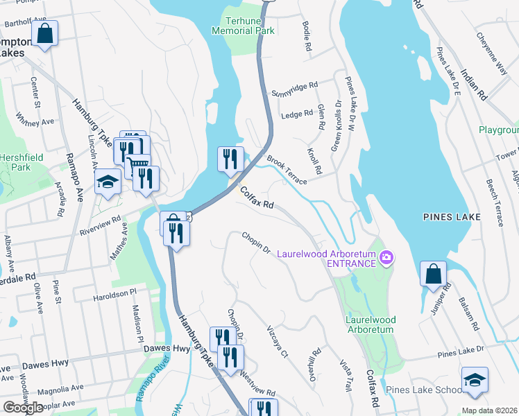 map of restaurants, bars, coffee shops, grocery stores, and more near 667 Colfax Road in Wayne