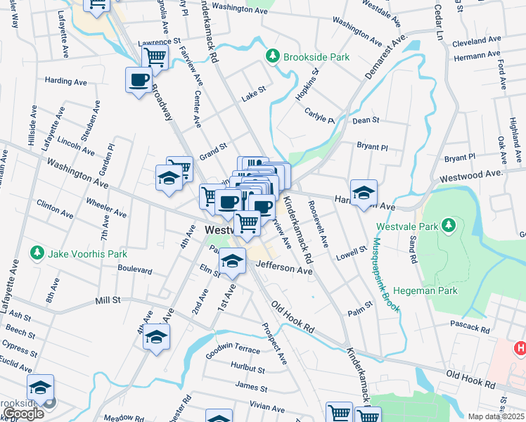 map of restaurants, bars, coffee shops, grocery stores, and more near 175 Westwood Avenue in Westwood