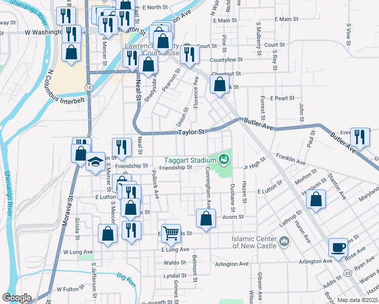 map of restaurants, bars, coffee shops, grocery stores, and more near 513 East Division Street in New Castle