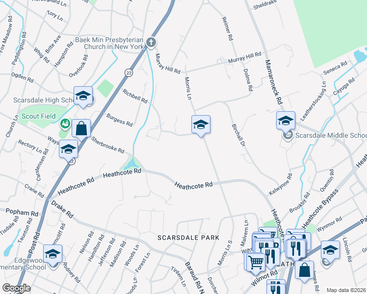 map of restaurants, bars, coffee shops, grocery stores, and more near 16 Richbell Road in Scarsdale