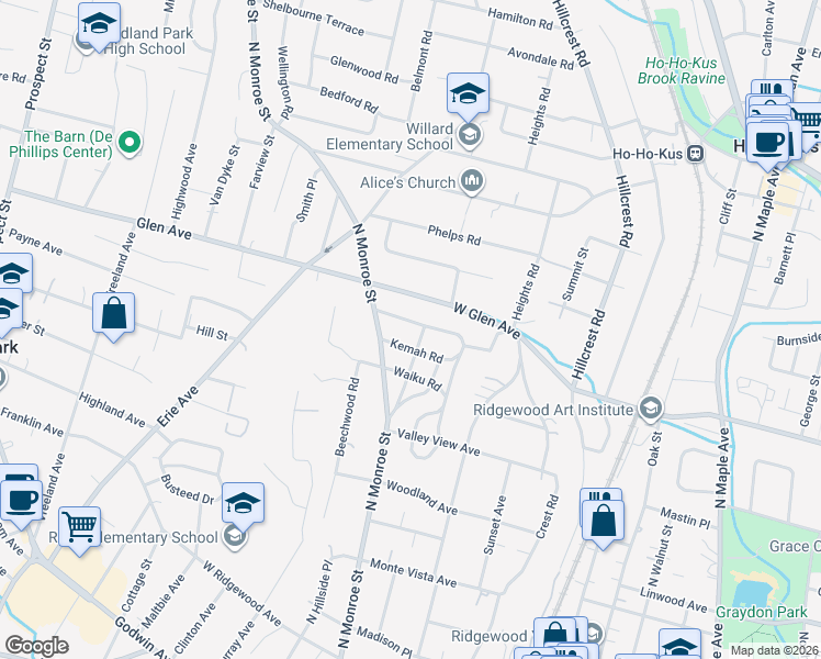 map of restaurants, bars, coffee shops, grocery stores, and more near 418 Wastena Terrace in Ridgewood