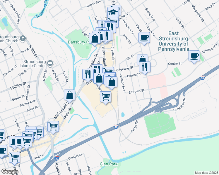 map of restaurants, bars, coffee shops, grocery stores, and more near 314 Lincoln Avenue in East Stroudsburg