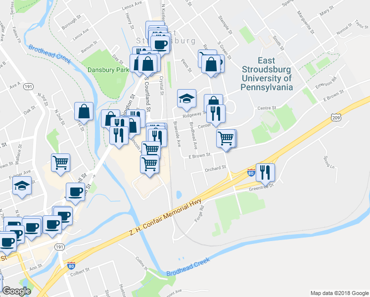 map of restaurants, bars, coffee shops, grocery stores, and more near 280 Braeside Avenue in East Stroudsburg