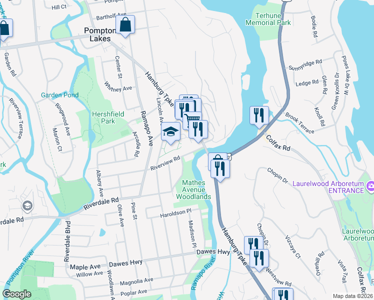 map of restaurants, bars, coffee shops, grocery stores, and more near 88 Riverview Road in Pompton Lakes
