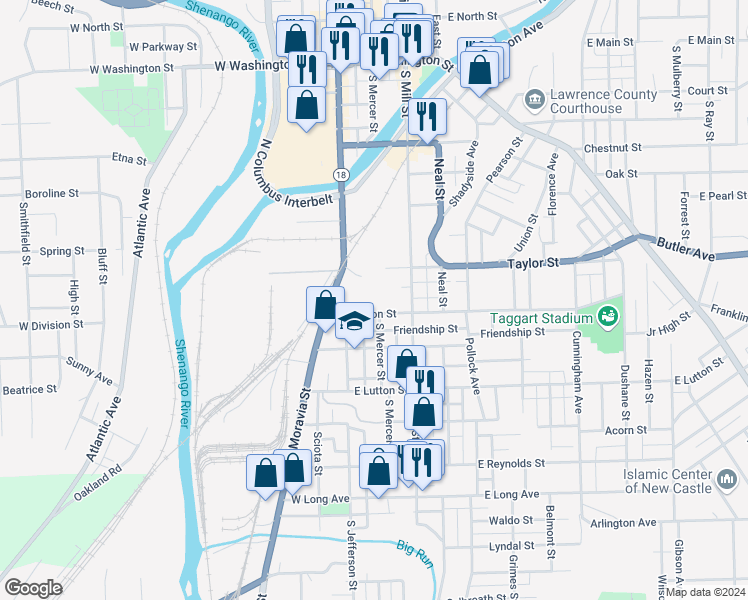 map of restaurants, bars, coffee shops, grocery stores, and more near 101 East Division Street in New Castle
