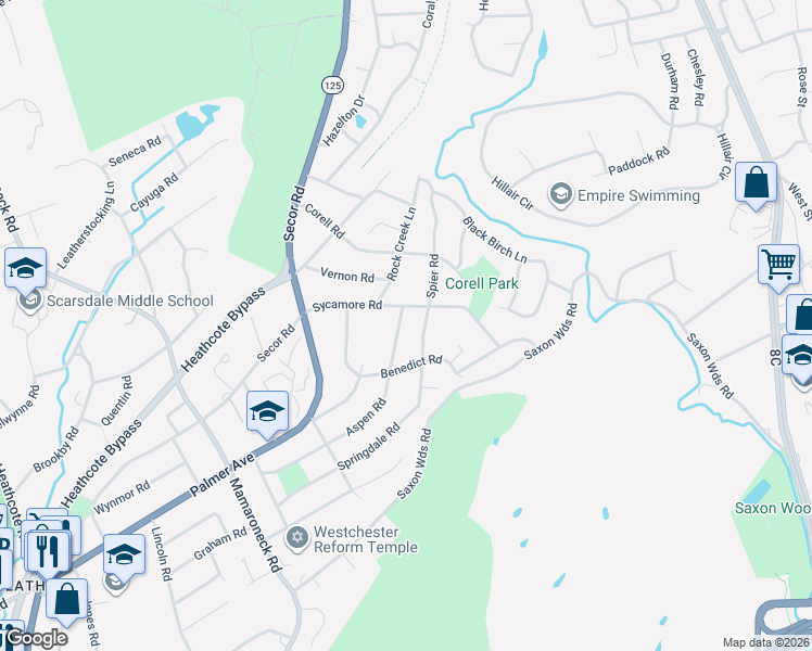 map of restaurants, bars, coffee shops, grocery stores, and more near 36 Aspen Road in Scarsdale