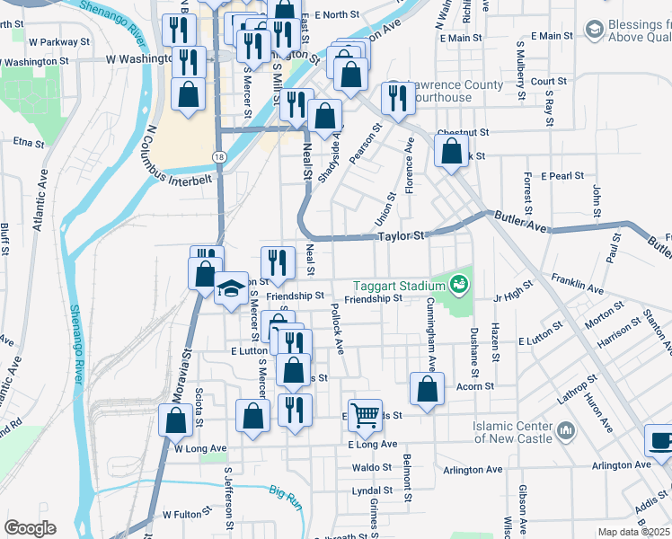 map of restaurants, bars, coffee shops, grocery stores, and more near 725 Pearson Street in New Castle