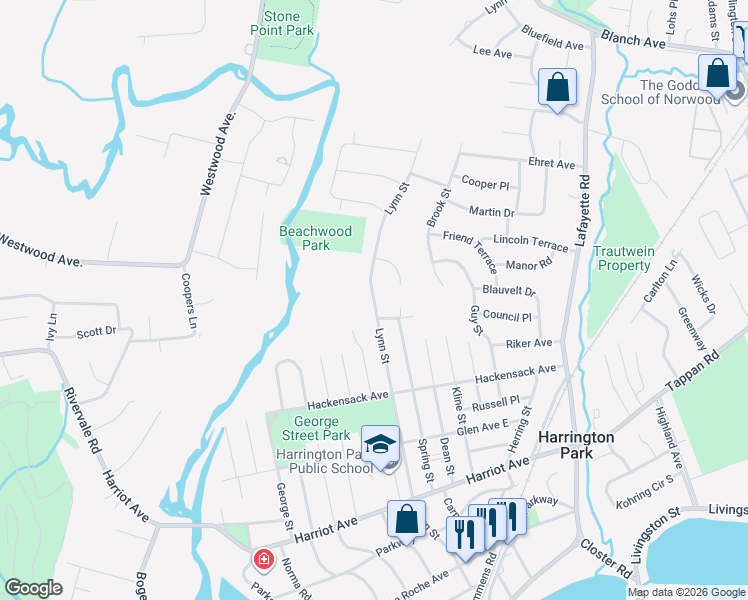 map of restaurants, bars, coffee shops, grocery stores, and more near 297 Lynn Street in Harrington Park