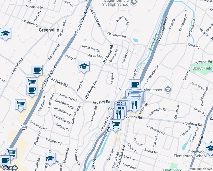 map of restaurants, bars, coffee shops, grocery stores, and more near 22 Doris Drive in Scarsdale