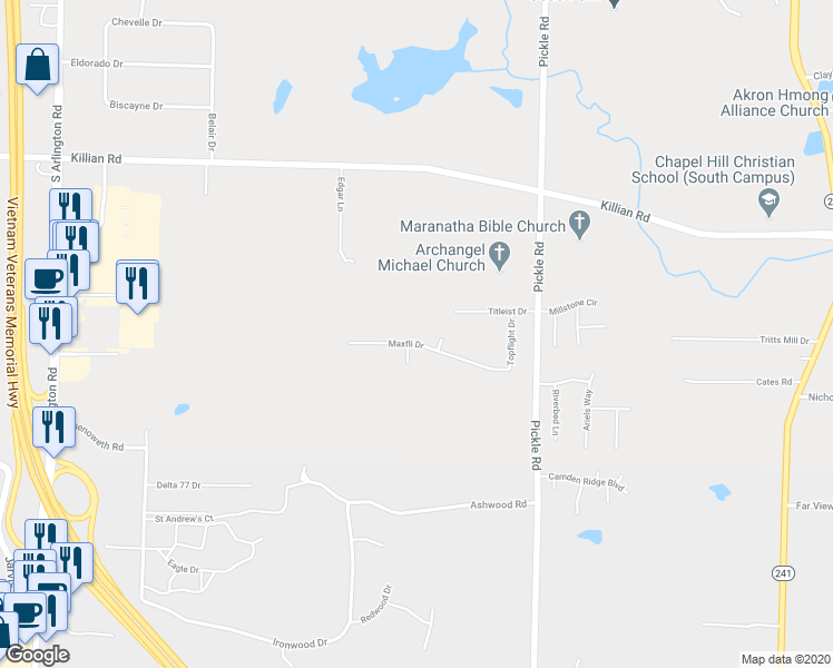 map of restaurants, bars, coffee shops, grocery stores, and more near 1263 Maxfli Drive in Akron