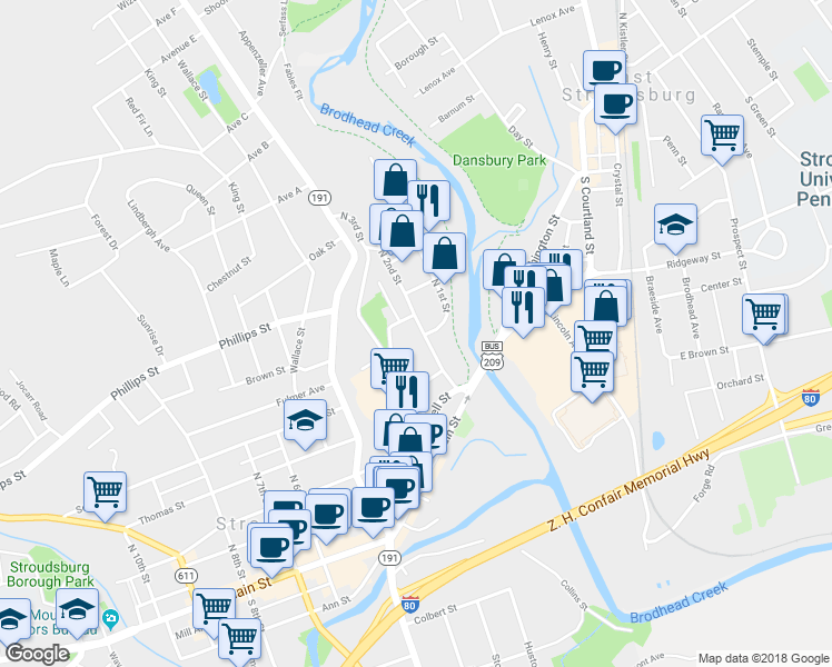 map of restaurants, bars, coffee shops, grocery stores, and more near 35 North 2nd Street in Stroudsburg