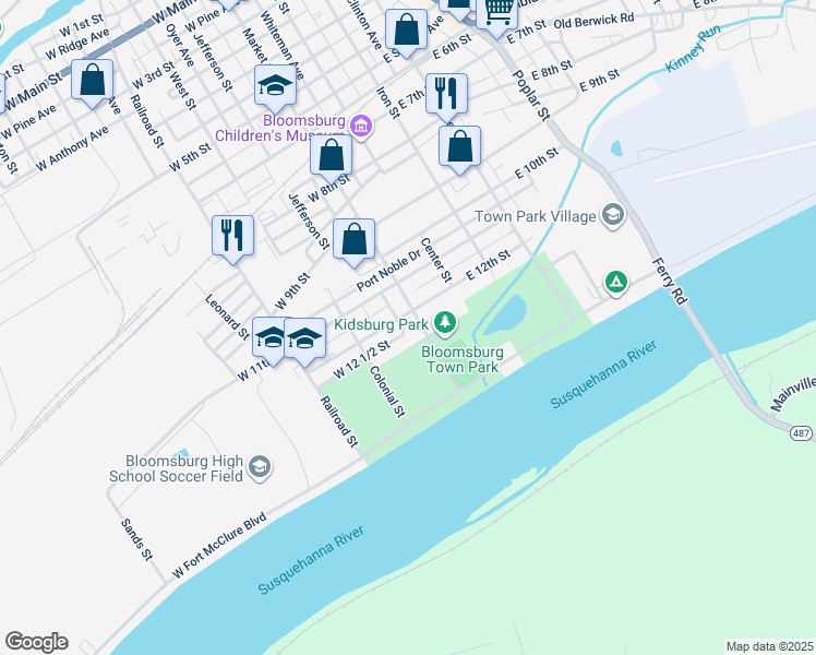 map of restaurants, bars, coffee shops, grocery stores, and more near 1204 Market Street in Bloomsburg