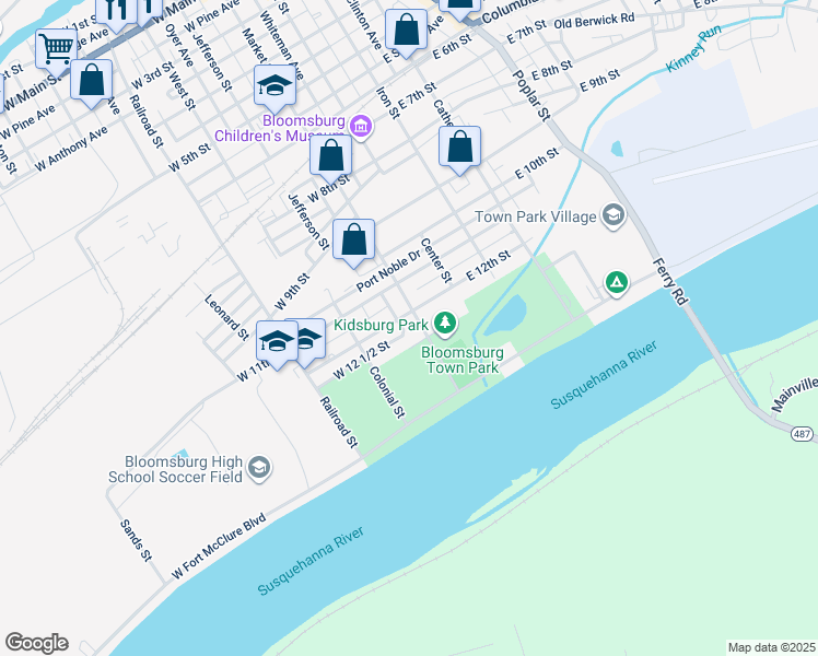 map of restaurants, bars, coffee shops, grocery stores, and more near 1204 Market Street in Bloomsburg