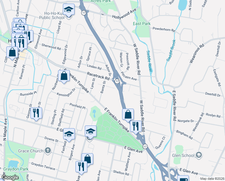 map of restaurants, bars, coffee shops, grocery stores, and more near 470 Albin Court in Ridgewood