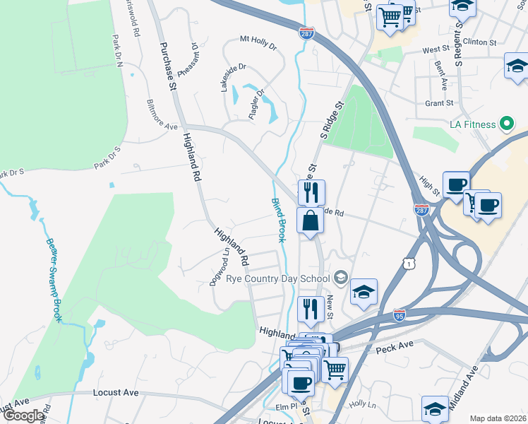 map of restaurants, bars, coffee shops, grocery stores, and more near 40 Polly Road in Rye