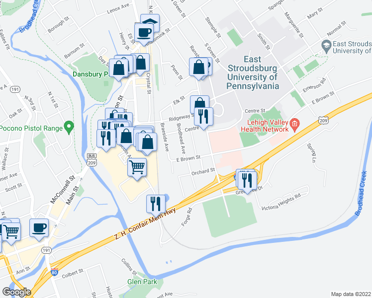 map of restaurants, bars, coffee shops, grocery stores, and more near 292 Brodhead Avenue in East Stroudsburg