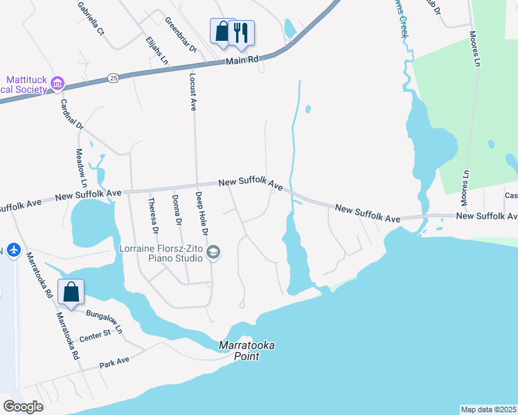 map of restaurants, bars, coffee shops, grocery stores, and more near 540 Halls Creek Drive in Mattituck