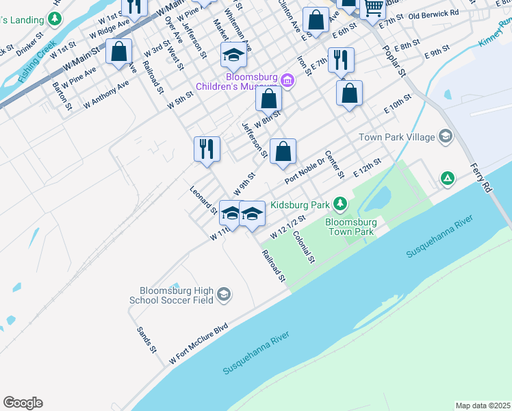 map of restaurants, bars, coffee shops, grocery stores, and more near 245 West 11th Street in Bloomsburg