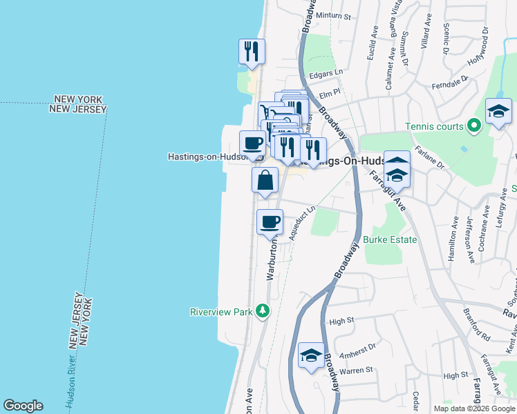 map of restaurants, bars, coffee shops, grocery stores, and more near 68 Southside Avenue in Hastings-on-Hudson
