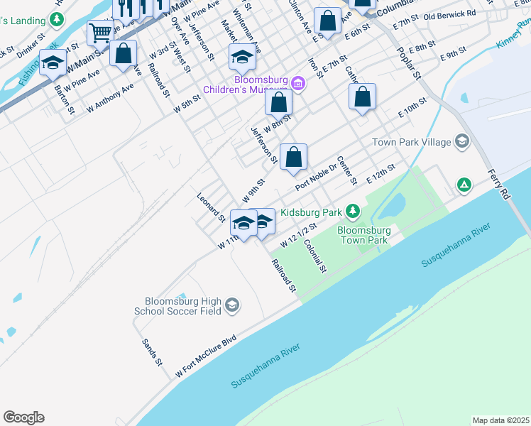 map of restaurants, bars, coffee shops, grocery stores, and more near 245 West 11th Street in Bloomsburg