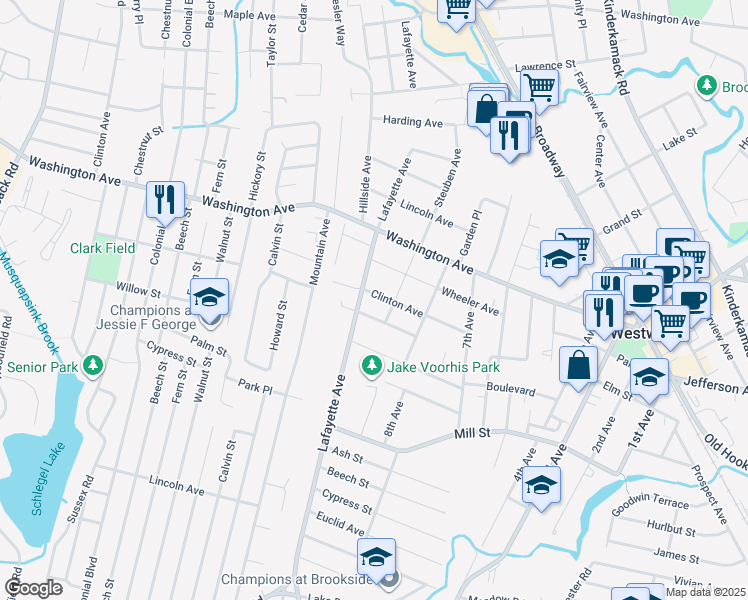 map of restaurants, bars, coffee shops, grocery stores, and more near 42 Westervelt Place in Westwood