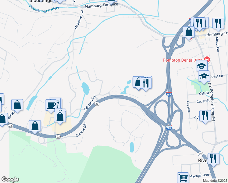 map of restaurants, bars, coffee shops, grocery stores, and more near Route 23 North in Riverdale