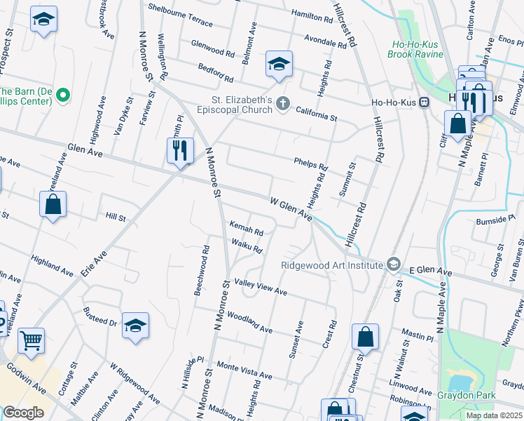 map of restaurants, bars, coffee shops, grocery stores, and more near 411 Wastena Terrace in Ridgewood
