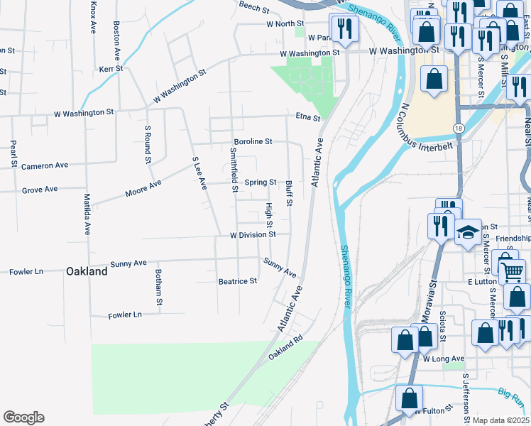 map of restaurants, bars, coffee shops, grocery stores, and more near 34 High Street in New Castle