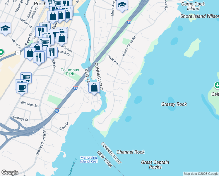 map of restaurants, bars, coffee shops, grocery stores, and more near 180 Byram Shore Road in Greenwich
