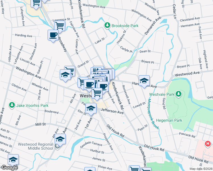 map of restaurants, bars, coffee shops, grocery stores, and more near 157 Westwood Avenue in Westwood