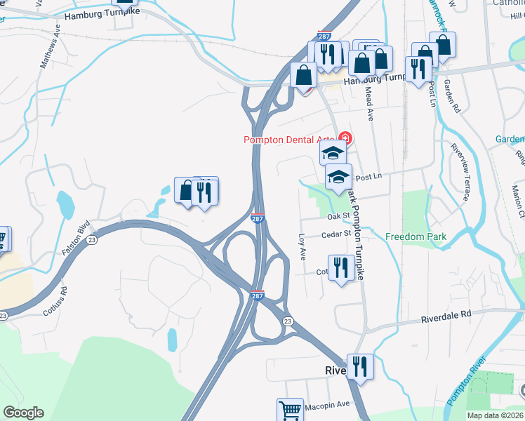 map of restaurants, bars, coffee shops, grocery stores, and more near Interstate 287 in Riverdale