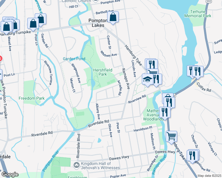 map of restaurants, bars, coffee shops, grocery stores, and more near 69 Albany Avenue in Pompton Lakes