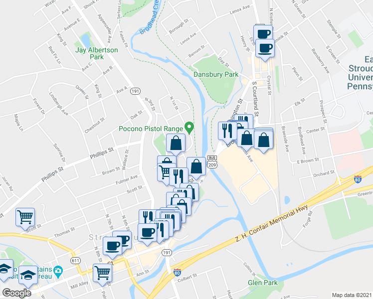 map of restaurants, bars, coffee shops, grocery stores, and more near 50 North 2nd Street in Stroudsburg