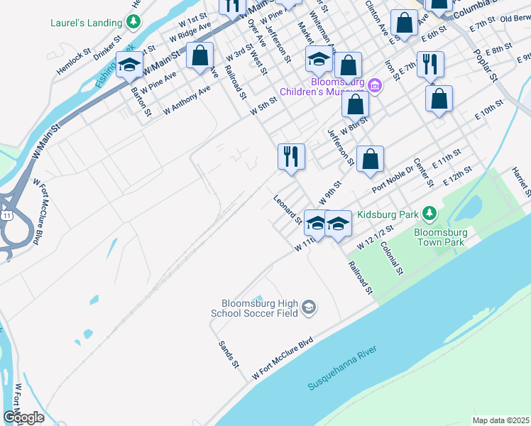 map of restaurants, bars, coffee shops, grocery stores, and more near 490 West 8 1/2 Street in Bloomsburg