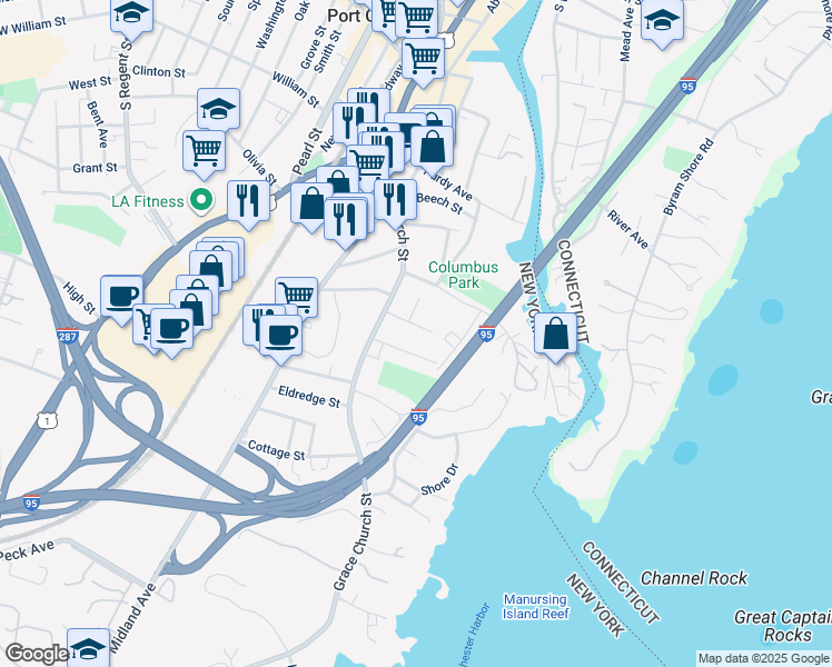 map of restaurants, bars, coffee shops, grocery stores, and more near 49 Alto Avenue in Port Chester