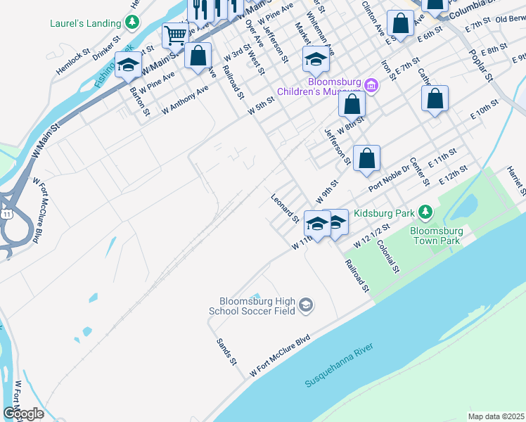 map of restaurants, bars, coffee shops, grocery stores, and more near 490 West 8 1/2 Street in Bloomsburg