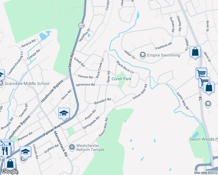 map of restaurants, bars, coffee shops, grocery stores, and more near 88 Spier Road in Scarsdale