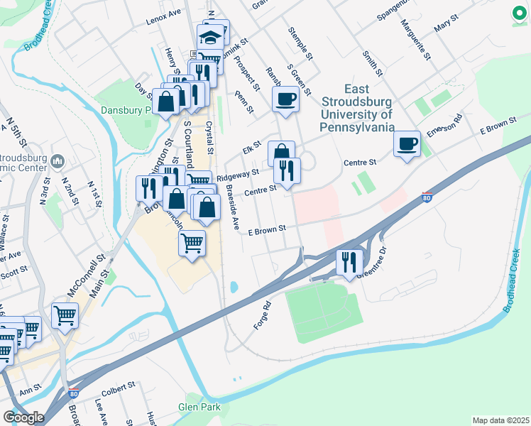 map of restaurants, bars, coffee shops, grocery stores, and more near 284 Brodhead Avenue in East Stroudsburg
