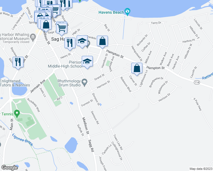 map of restaurants, bars, coffee shops, grocery stores, and more near 70 Harrison Street in Sag Harbor
