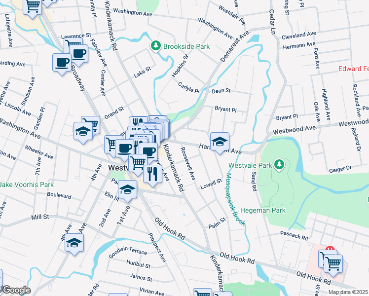 map of restaurants, bars, coffee shops, grocery stores, and more near 74 Bergen Street in Westwood