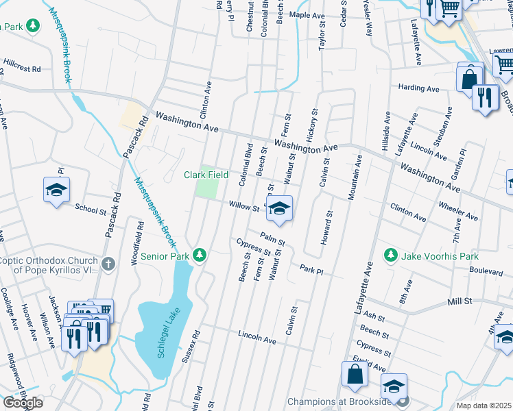 map of restaurants, bars, coffee shops, grocery stores, and more near 524 Beech Street in Westwood