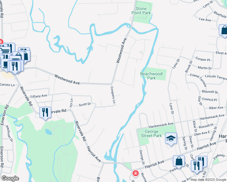 map of restaurants, bars, coffee shops, grocery stores, and more near 119 Coopers Lane in River Vale