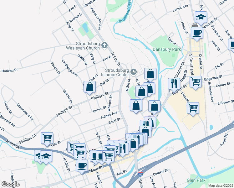 map of restaurants, bars, coffee shops, grocery stores, and more near 443 North 5th Street in Stroudsburg