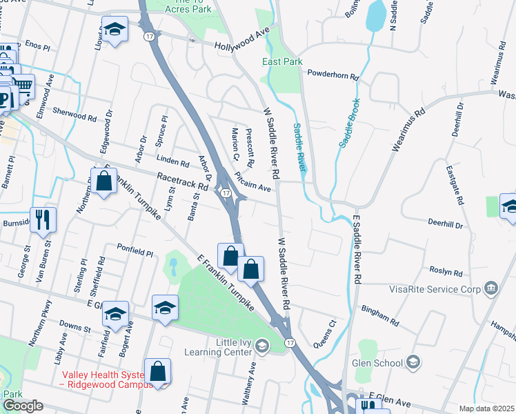 map of restaurants, bars, coffee shops, grocery stores, and more near 12 Carriage Lane in Ridgewood