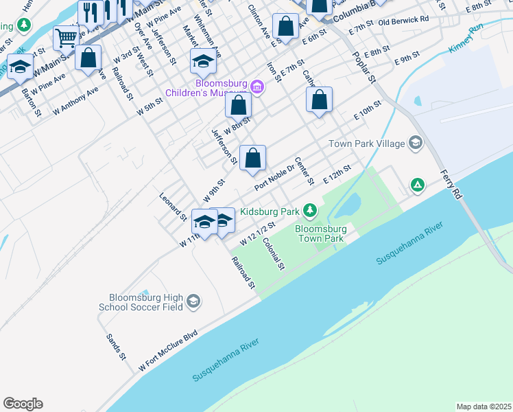 map of restaurants, bars, coffee shops, grocery stores, and more near 148 West 11th Street in Bloomsburg