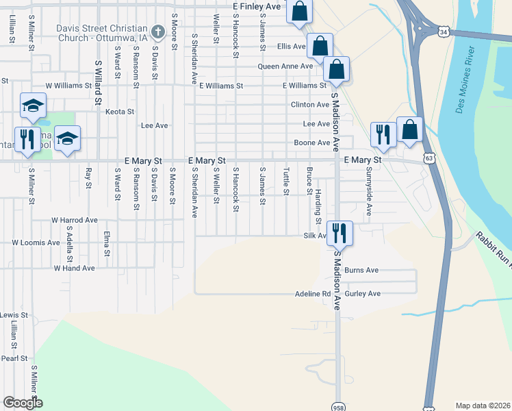 map of restaurants, bars, coffee shops, grocery stores, and more near 1001-1099 South James Street in Ottumwa